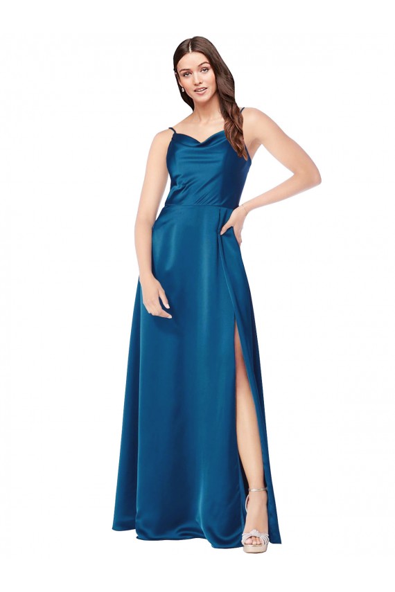 Sleeveless Cowl Neck Silky Satin Peacock Blue Long Formal Evening Dress Canada Clearance