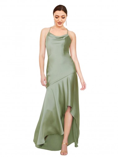 Sleeveless Cowl Neck Silky Satin Smoke Green Long High Low Evening Dress Canada Clearance
