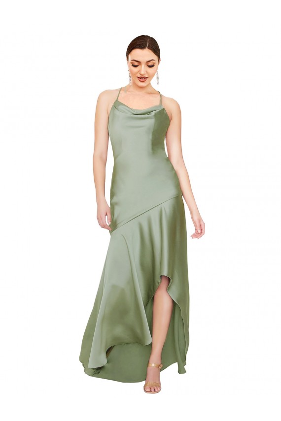 Sleeveless Cowl Neck Silky Satin Smoke Green Long High Low Evening Dress Canada Clearance