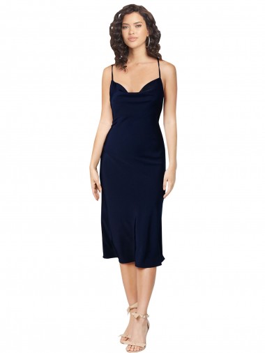 Sleeveless Cowl Neck Silky Satin Dark Navy Midi Length Formal Evening Dress Canada Clearance