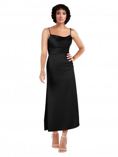 Sleeveless Cowl Neck Silky Satin Black Tea Length Formal Evening Dress Canada Clearance