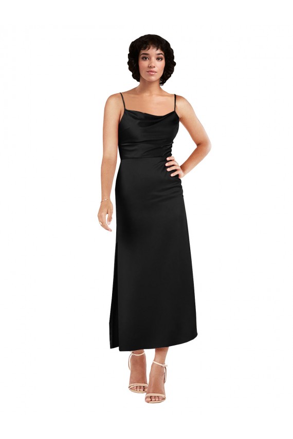 Sleeveless Cowl Neck Silky Satin Black Tea Length Formal Evening Dress Canada Clearance