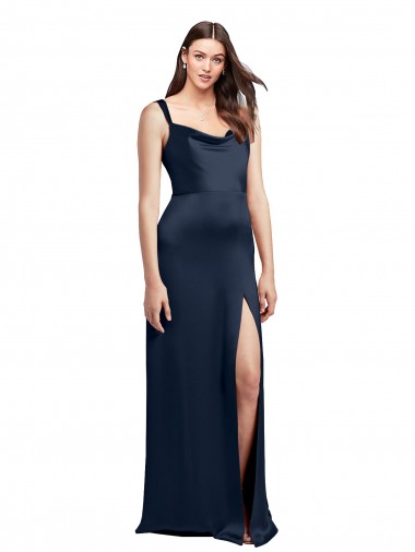 Sleeveless Cowl Neck Stretch Satin Dark Navy Long Formal Evening Dress Canada Clearance
