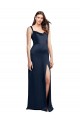 Sleeveless Cowl Neck Stretch Satin Dark Navy Long Formal Evening Dress Canada Clearance