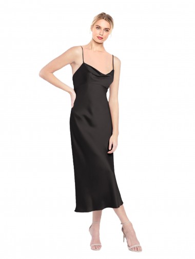 Sleeveless Cowl Neck Stretch Satin Black Midi Length Formal Evening Dress Canada Clearance