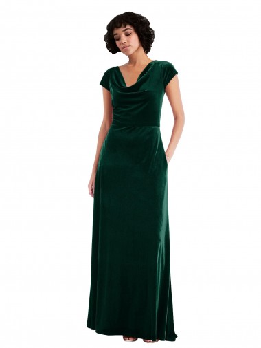 Cap Sleeves Cowl Neck Stretch Velvet Dark Green Long Black Tie Evening Dress Canada Clearance
