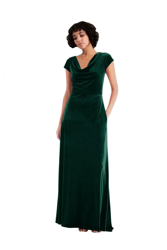Cap Sleeves Cowl Neck Stretch Velvet Dark Green Long Black Tie Evening Dress Canada Clearance