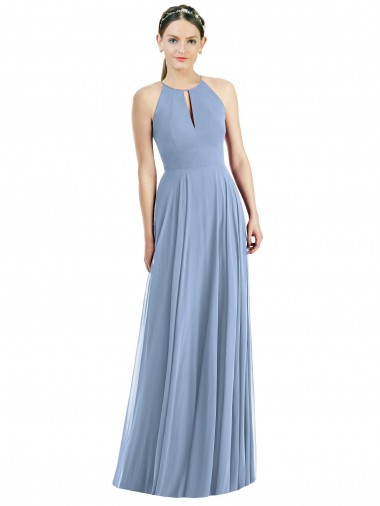 Sleeveless Halter Neck Soft Chiffon Dusty Blue Long Semi Formal Evening Dress Canada Clearance