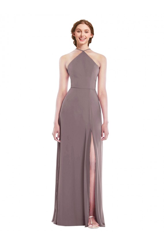 Sleeveless Halter Neck Soft Chiffon Dusty Rose Long Formal Evening Dress Canada Clearance