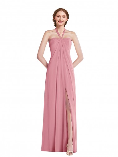Sleeveless Halter Neck Soft Chiffon Skin Pink Long Semi Formal Evening Dress Canada Clearance