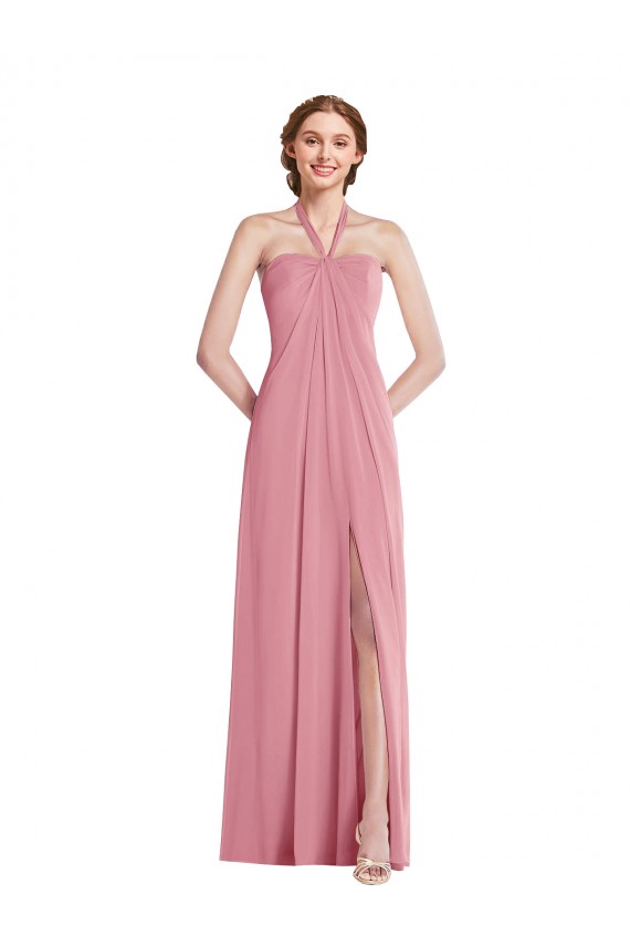 Sleeveless Halter Neck Soft Chiffon Skin Pink Long Semi Formal Evening Dress Canada Clearance