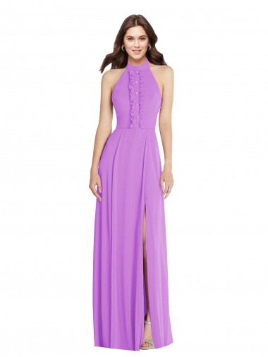 Sleeveless Halter Neck Soft Chiffon Violet Long Formal Evening Dress Canada Clearance