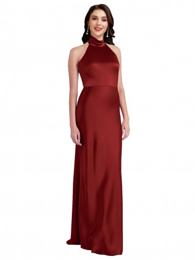 Sleeveless Halter Neck Stretch Satin Burgundy Long Black Tie Evening Dress Canada Clearance