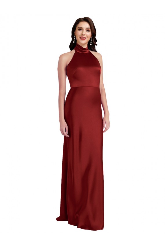 Sleeveless Halter Neck Stretch Satin Burgundy Long Black Tie Evening Dress Canada Clearance