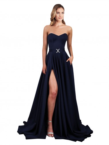 Sleeveless High Neck Stretch Crepe Dark Navy Long Formal Dress Canada Clearance
