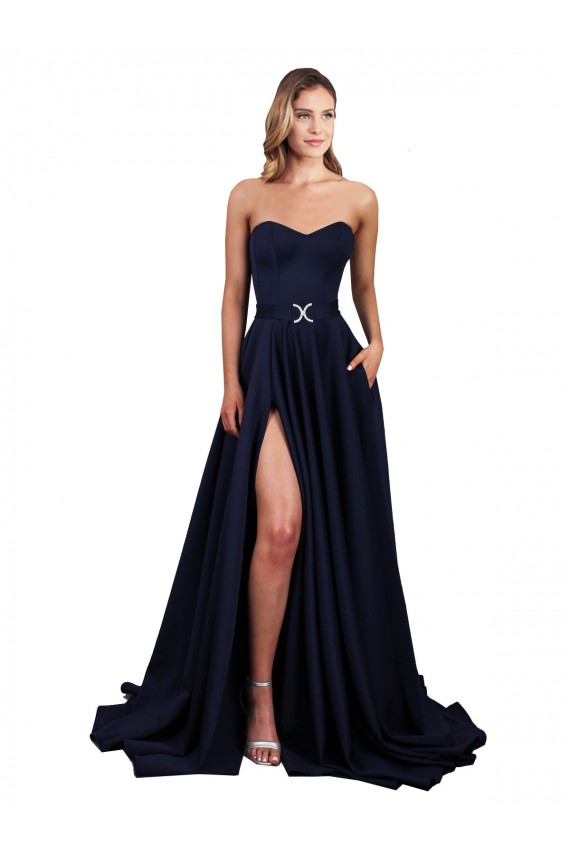 Sleeveless High Neck Stretch Crepe Dark Navy Long Formal Dress Canada Clearance