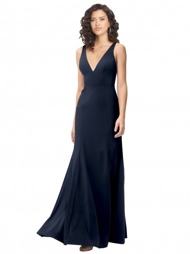 Sleeveless High Neck Stretch Crepe Dark Navy A-Line Long Formal Dress Canada Clearance