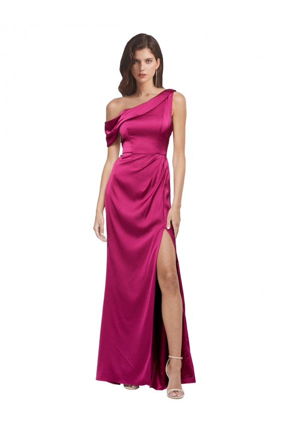 Sleeveless One Shoulder Stretch Satin Fuchsia Long Evening Dress Canada Clearance