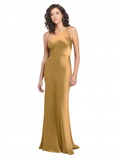 Sleeveless One Shoulder Stretch Satin Gold Long Formal Evening Dress Canada Clearance
