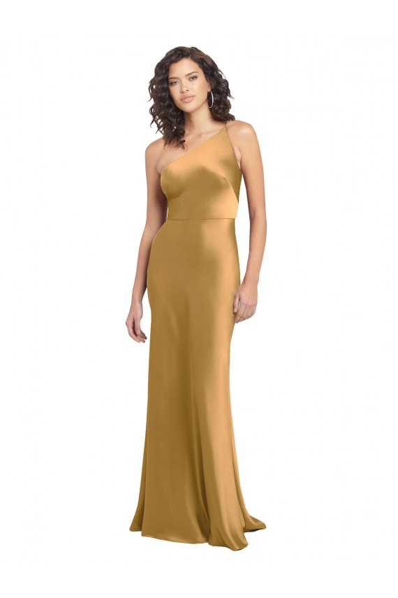 Sleeveless One Shoulder Stretch Satin Gold Long Formal Evening Dress Canada Clearance
