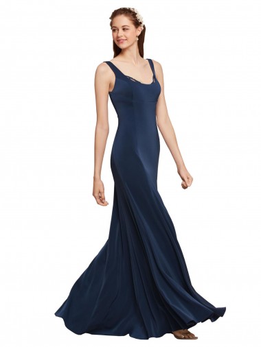 Sleeveless Round Neck Stretch Crepe Dark Navy Long Evening Dress Canada Clearance