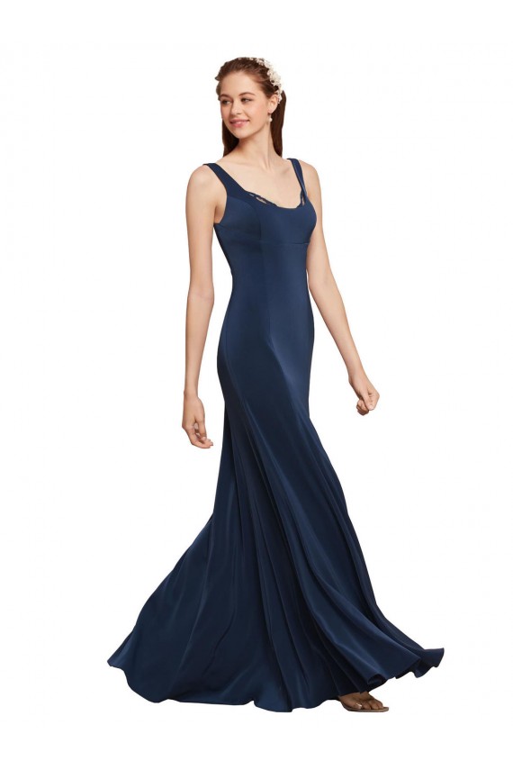 Sleeveless Round Neck Stretch Crepe Dark Navy Long Evening Dress Canada Clearance