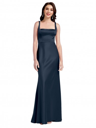 Sleeveless Square Neck Stretch Satin Dark Navy Long Formal Evening Dress Canada Clearance