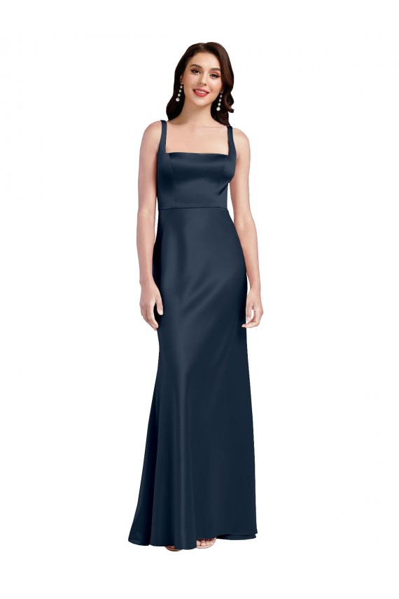 Sleeveless Square Neck Stretch Satin Dark Navy Long Formal Evening Dress Canada Clearance