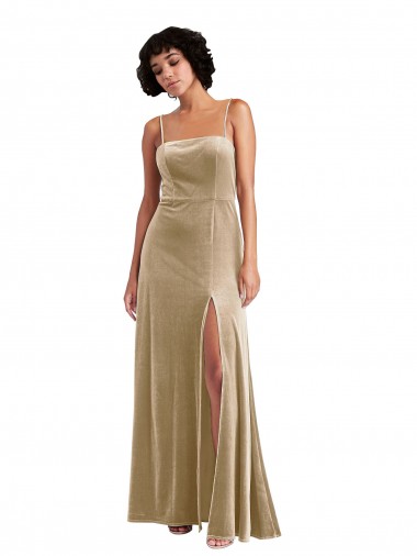 Sleeveless Square Neck Stretch Velvet Champagne Long Formal Evening Dress Canada Clearance