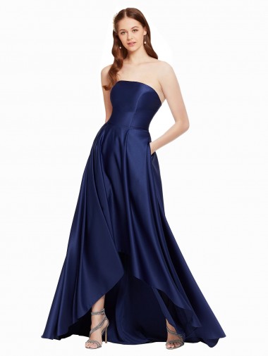 Sleeveless Strapless Satin Dark Navy Long High Low Evening Dress Canada Clearance