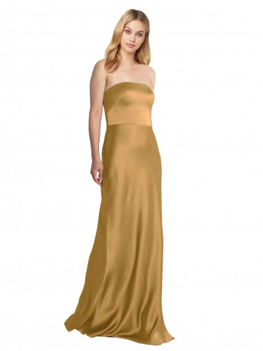 Sleeveless Strapless Stretch Satin Gold Long Formal Evening Dress Canada Clearance