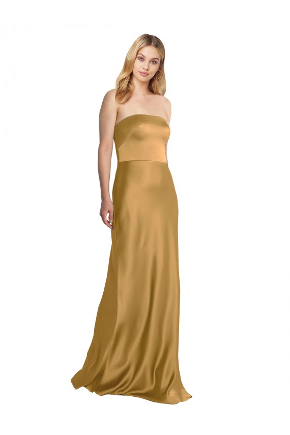 Sleeveless Strapless Stretch Satin Gold Long Formal Evening Dress Canada Clearance
