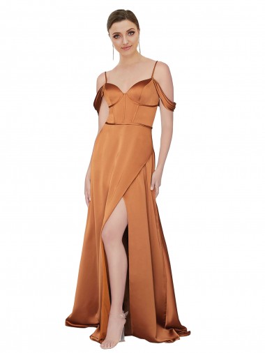 Cold Shoulder Sweetheart Silky Satin Orange Long Formal Evening Dress Canada Clearance