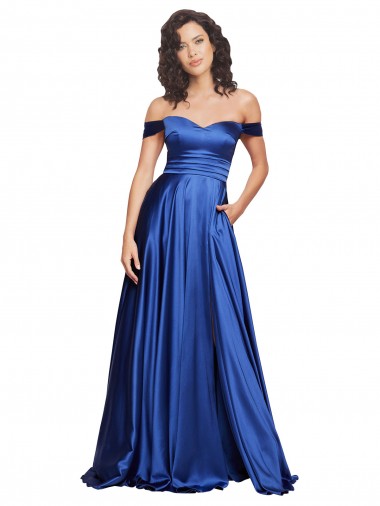 Sleeveless Sweetheart Stretch Satin Royal Blue Sweep Train Formal Evening Dress Canada Clearance