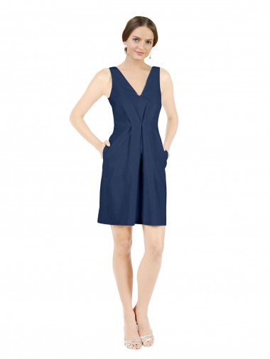 Sleeveless V-Neck Satin Dark Navy Knee Length Evening Dress Canada Clearance