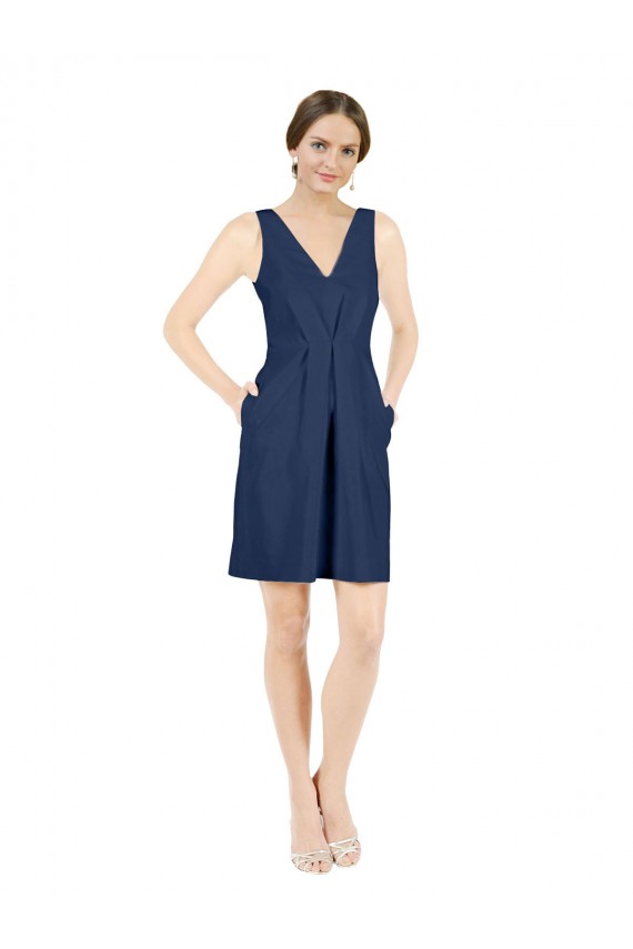 Sleeveless V-Neck Satin Dark Navy Knee Length Evening Dress Canada Clearance