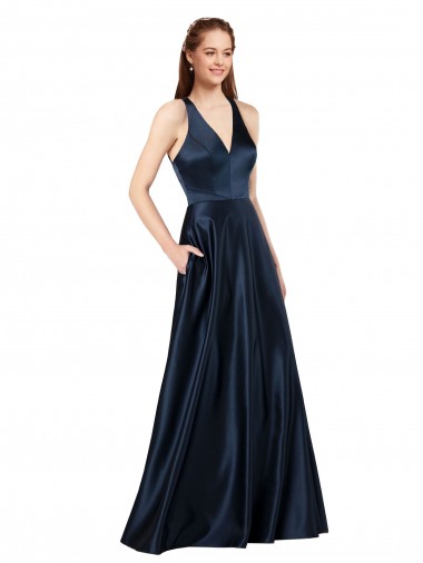 Sleeveless V-Neck Satin Dark Navy Long Formal Evening Dress Canada Clearance