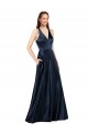 Sleeveless V-Neck Satin Dark Navy Long Formal Evening Dress Canada Clearance