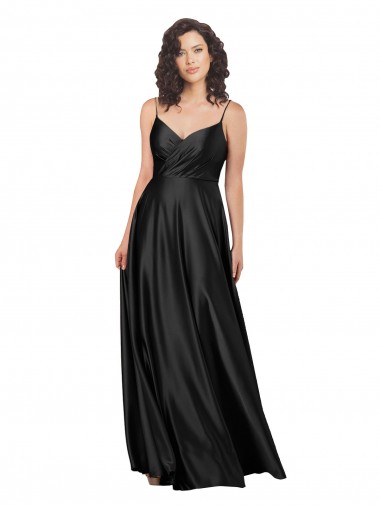 Sleeveless V-Neck Silky Satin Black Long Formal Dress Canada Clearance