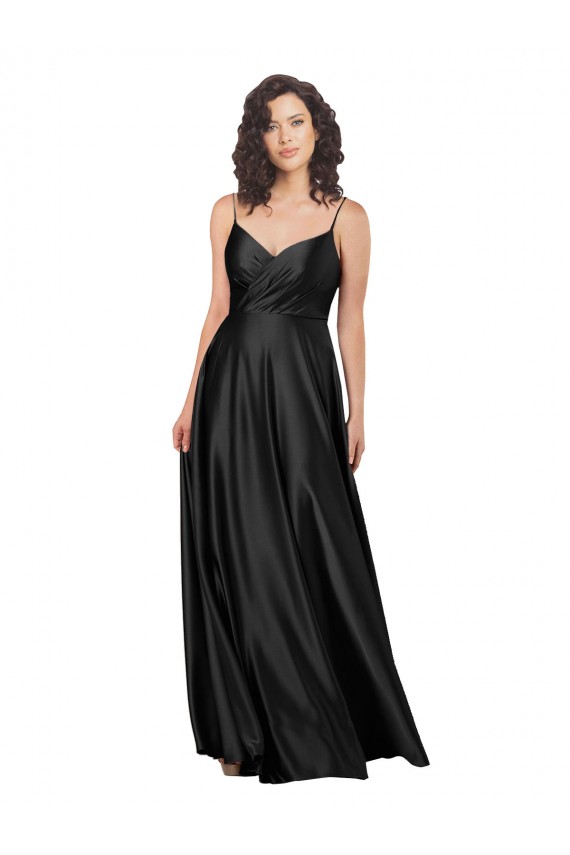 Sleeveless V-Neck Silky Satin Black Long Formal Dress Canada Clearance