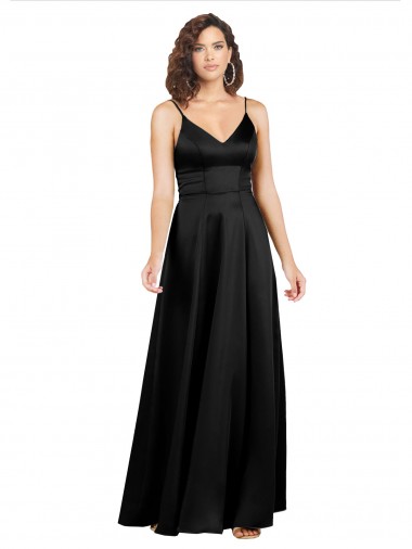 Sleeveless V-Neck Silky Satin Black Long Formal Evening Dress Canada Clearance