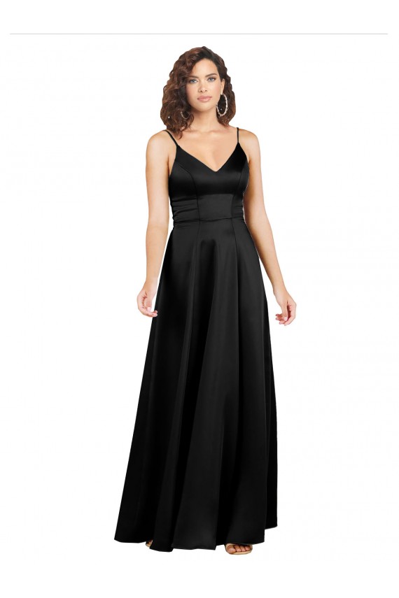 Sleeveless V-Neck Silky Satin Black Long Formal Evening Dress Canada Clearance