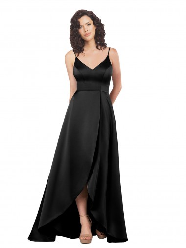 Sleeveless V-Neck Silky Satin Black Long High Low Evening Dress Canada Clearance