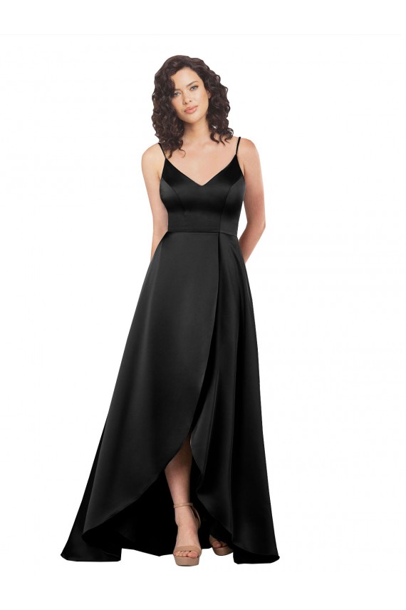 Sleeveless V-Neck Silky Satin Black Long High Low Evening Dress Canada Clearance