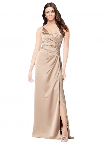 Sleeveless V-Neck Silky Satin Champagne Pink Long Formal Evening Dress Canada Clearance