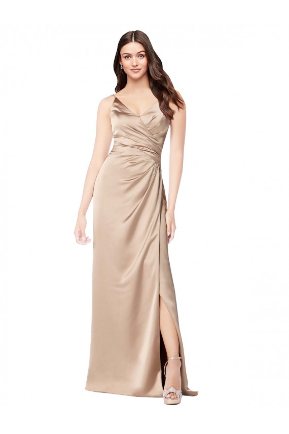 Sleeveless V-Neck Silky Satin Champagne Pink Long Formal Evening Dress Canada Clearance
