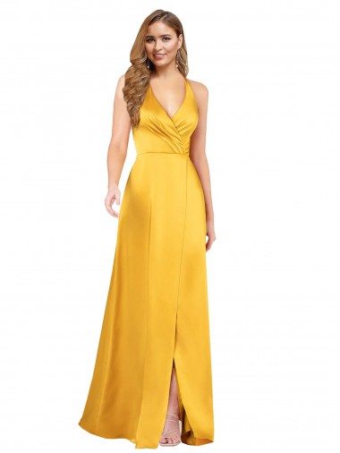 Sleeveless V-Neck Silky Satin Long Formal Dress Canada Clearance