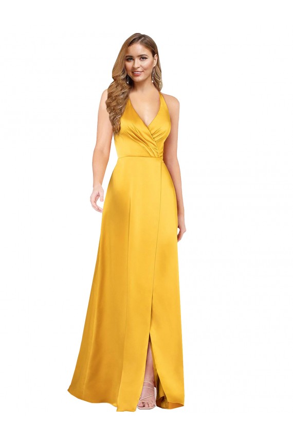 Sleeveless V-Neck Silky Satin Long Formal Dress Canada Clearance