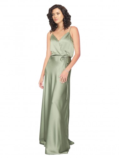 Sleeveless V-Neck Silky Satin Smoke Green Long Formal Evening Dress Canada Clearance