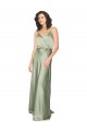 Sleeveless V-Neck Silky Satin Smoke Green Long Formal Evening Dress Canada Clearance
